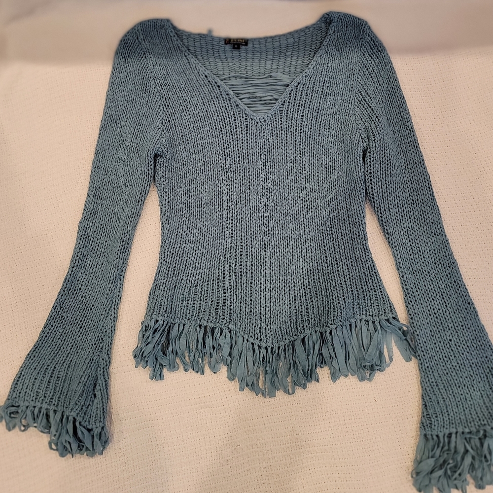 Q Point Knitwear teal blue sweater with fringe